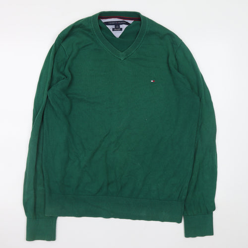 Tommy Hilfiger Men's Green V-Neck Cotton Pullover Jumper L