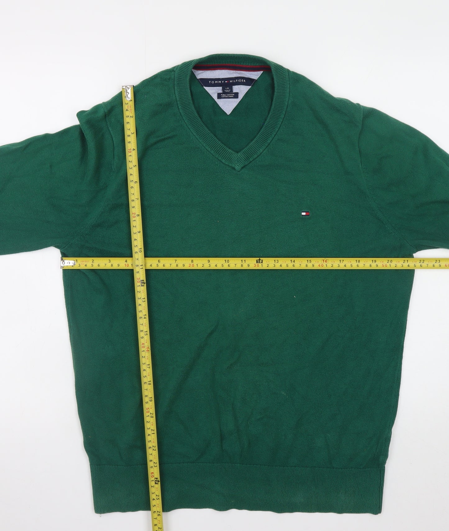 Tommy Hilfiger Men's Green V-Neck Cotton Pullover Jumper L