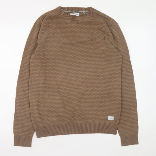 Jack & Jones Men's Brown Waffle-Knit Cotton Pullover Jumper Size L