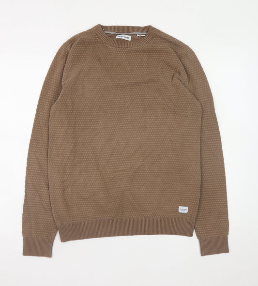 Jack & Jones Men's Brown Waffle-Knit Cotton Pullover Jumper Size L
