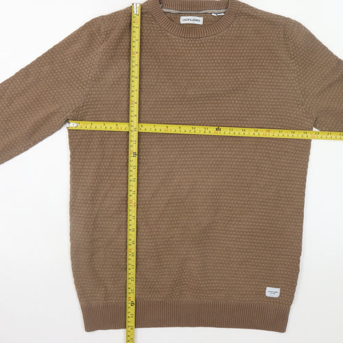 Jack & Jones Men's Brown Waffle-Knit Cotton Pullover Jumper Size L