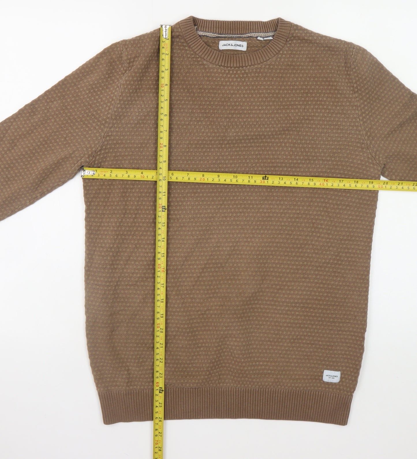 Jack & Jones Men's Brown Waffle-Knit Cotton Pullover Jumper Size L