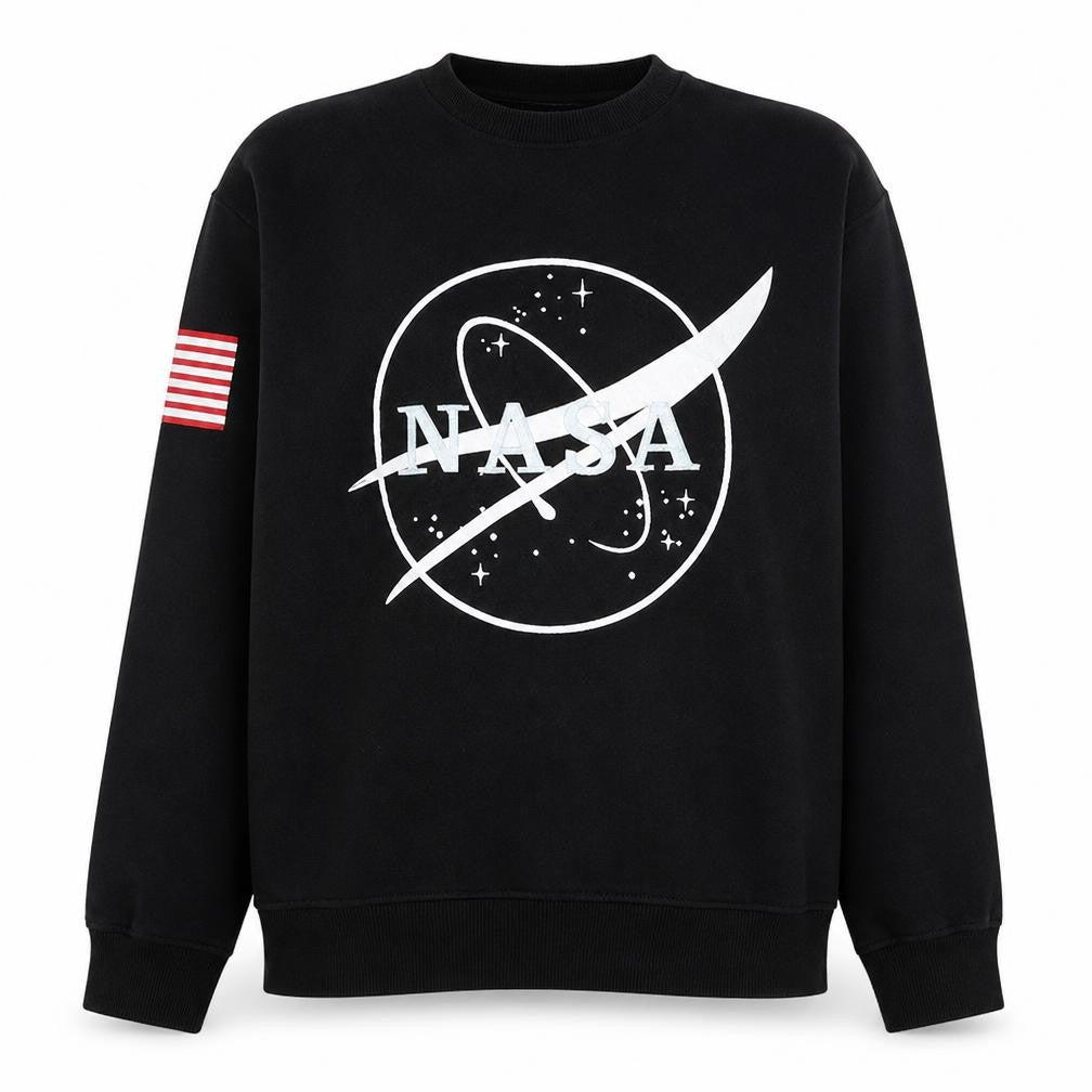 Front view of NASA Black Women's Sweatshirt, size M, Crew Neck Pullover