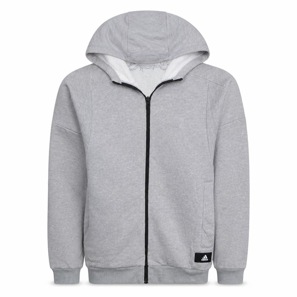 Front view of Adidas men’s grey full zip hoodie, size M, regular fit