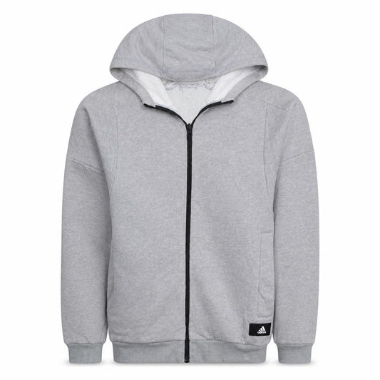 Front view of Adidas men’s grey full zip hoodie, size M, regular fit