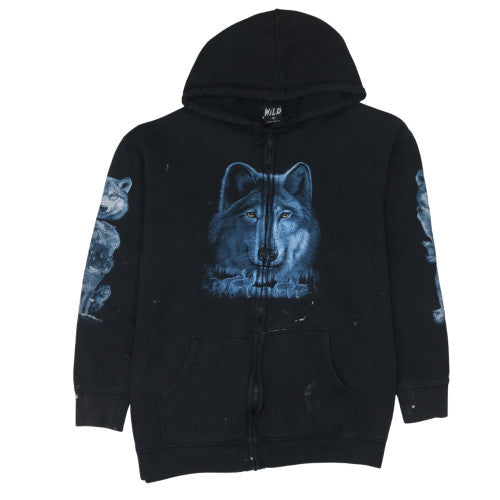Wild Mens Black XL Full Zip Wolf Graphic Cotton Hoodie