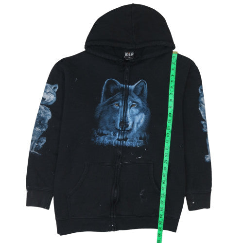 Wild Mens Black XL Full Zip Wolf Graphic Cotton Hoodie