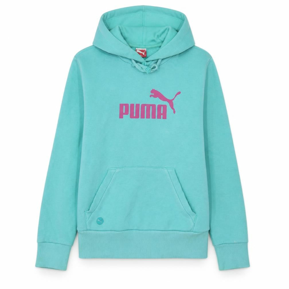 Front view of Puma Women’s Blue Pullover Hoodie, size UK 12, Cotton Blend Logo Design
