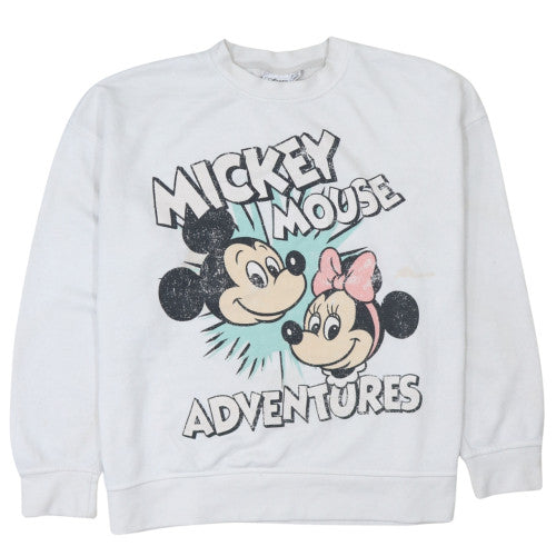 Disney Women's White Mickey & Minnie Crew Neck Pullover Sweatshirt L