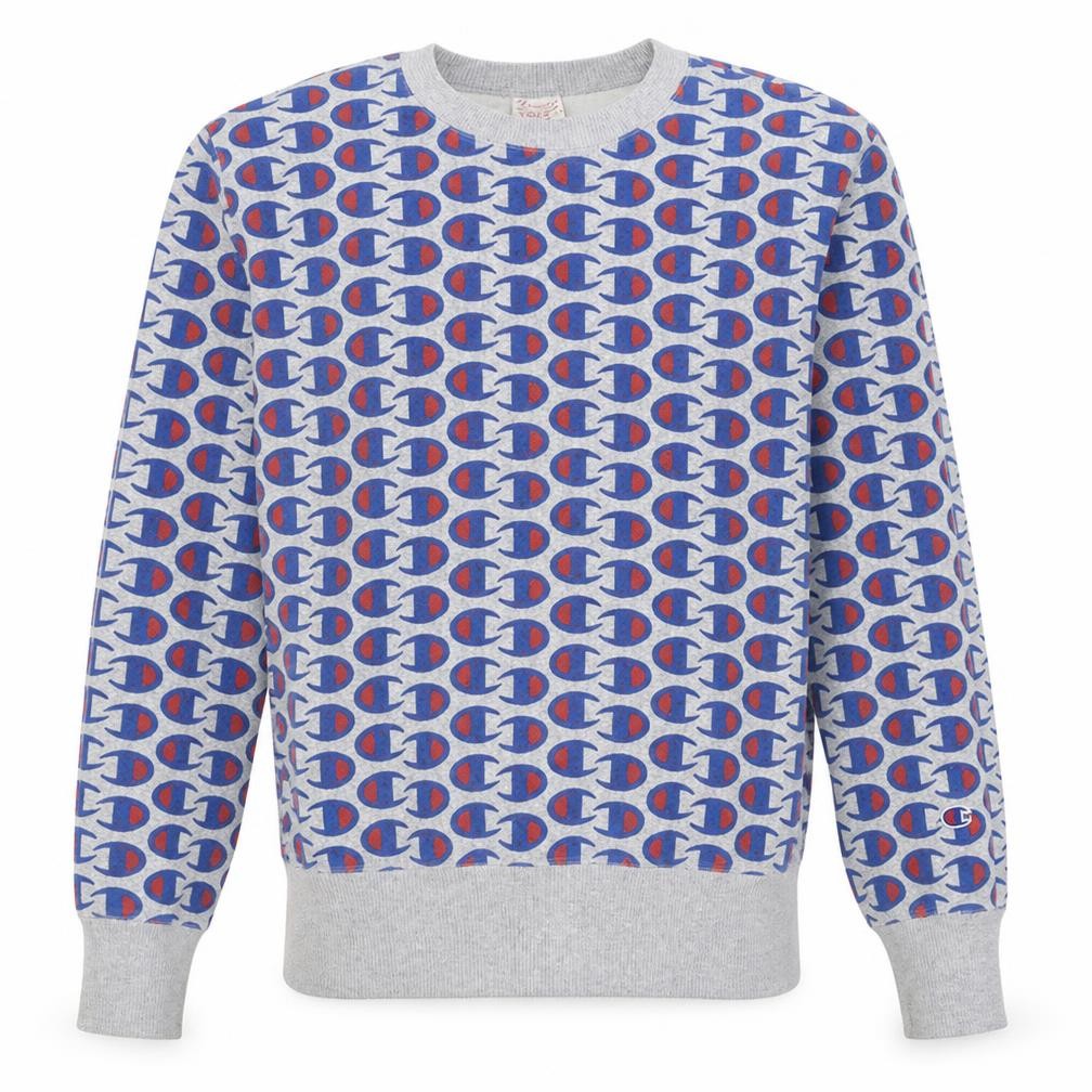 Front view of Champion Men's Grey Logo Reverse Weave Sweatshirt, size L, Pullover