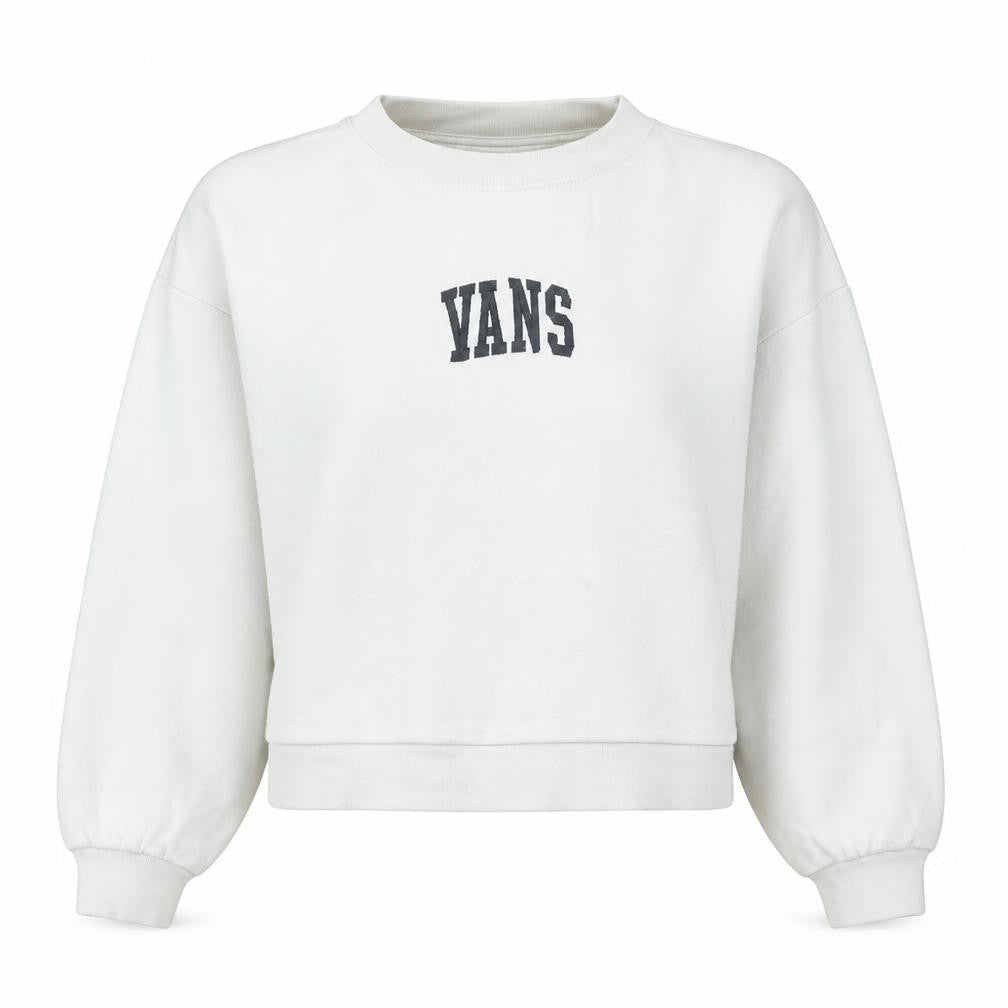 Front view of Vans women’s white medium pullover sweatshirt cotton logo casual