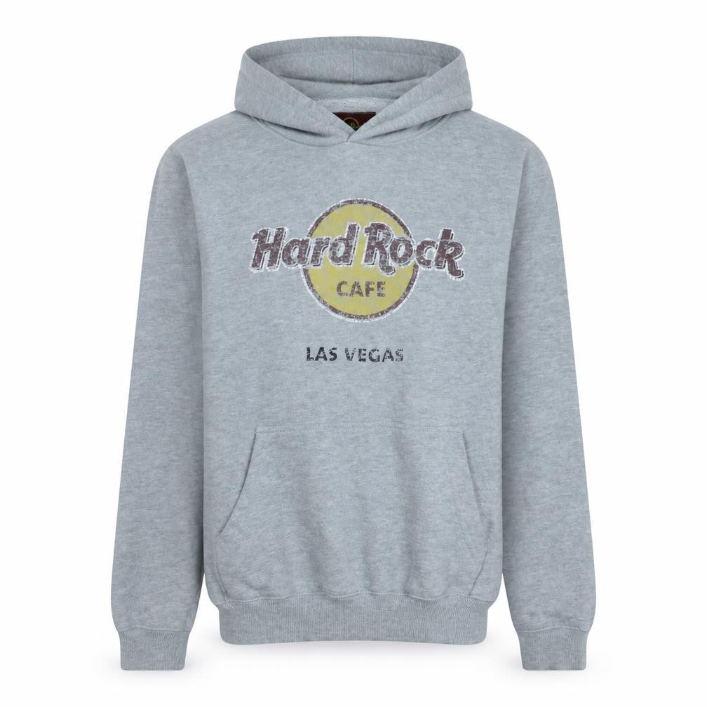 Front view of Hard Rock Cafe Men's Grey Pullover Hoodie, size M, Graphic Logo Fleece
