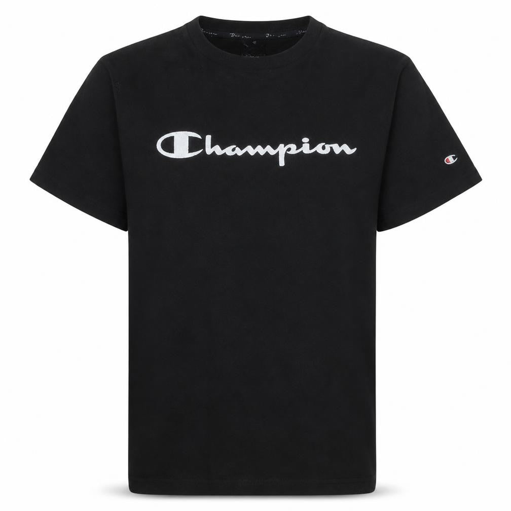 Front view of Champion women’s black large basic cotton crew neck t-shirt