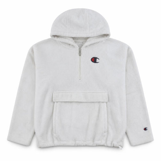 Front view of Champion women’s white fleece 1/4 zip hooded pullover xs