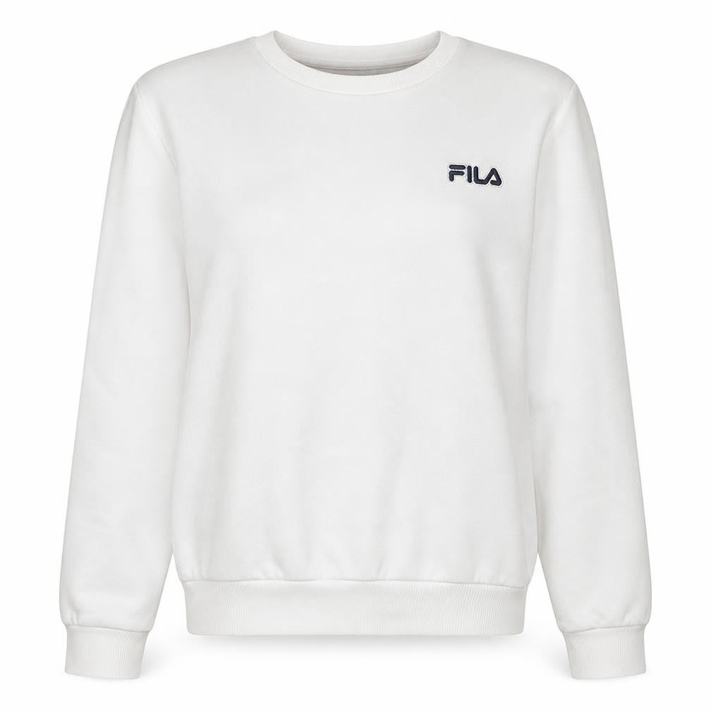 Front view of Fila women’s white crew neck sweatshirt, size UK 12, cotton blend