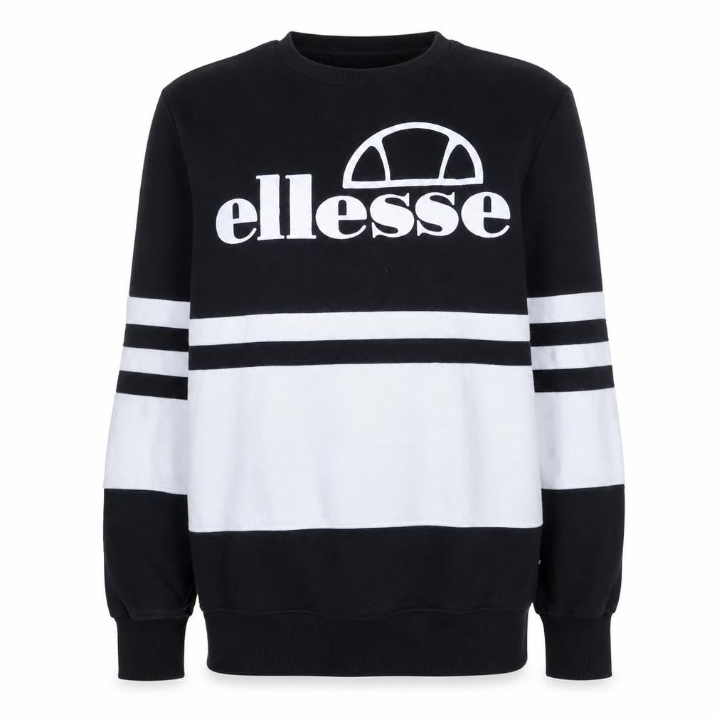 Front view of Ellesse women’s black white sweatshirt, size UK 4, cotton pullover