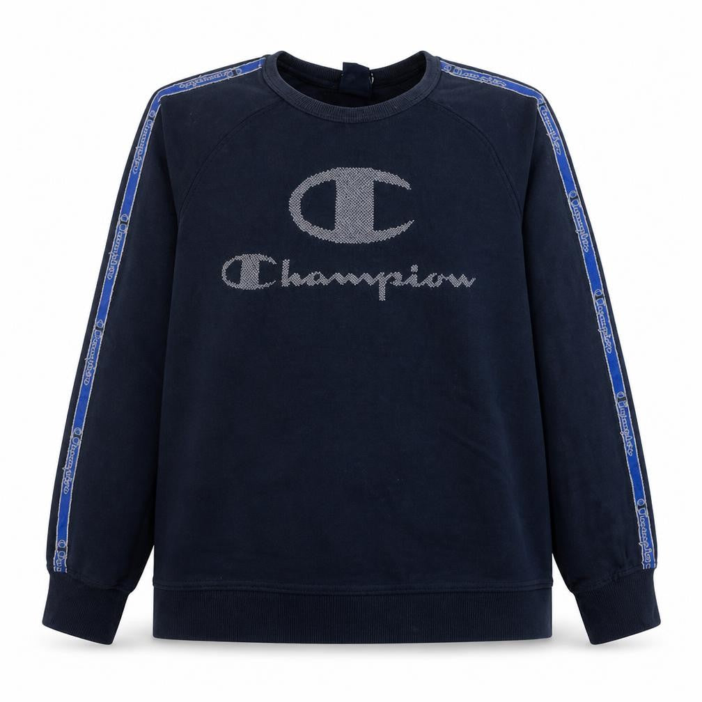 Front view of Champion boys’ blue logo pullover sweatshirt 15-16 years fleece crew neck