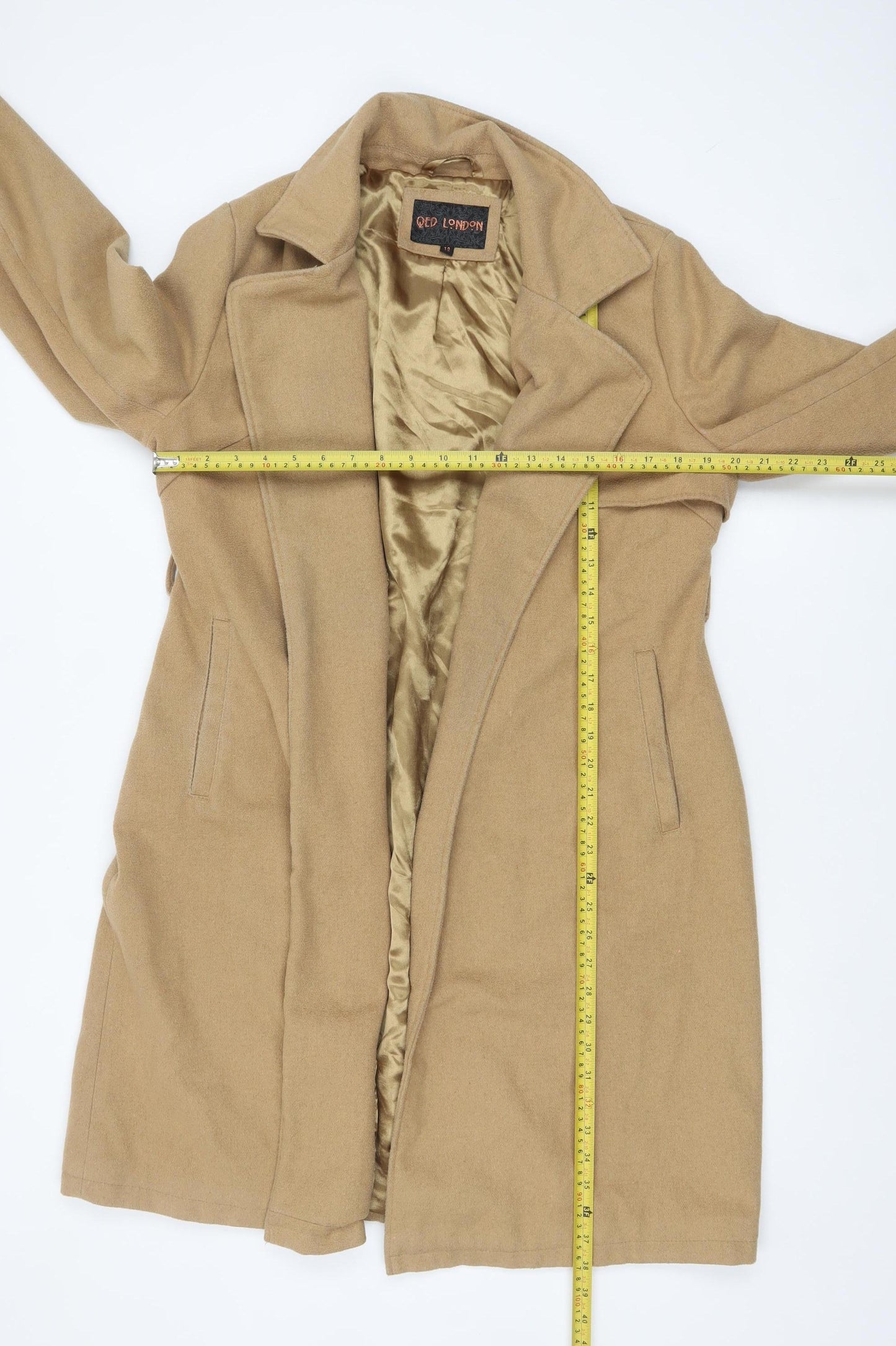 QED London Women Beige Mid-Length Overcoat Size 12 Lined Classic Style