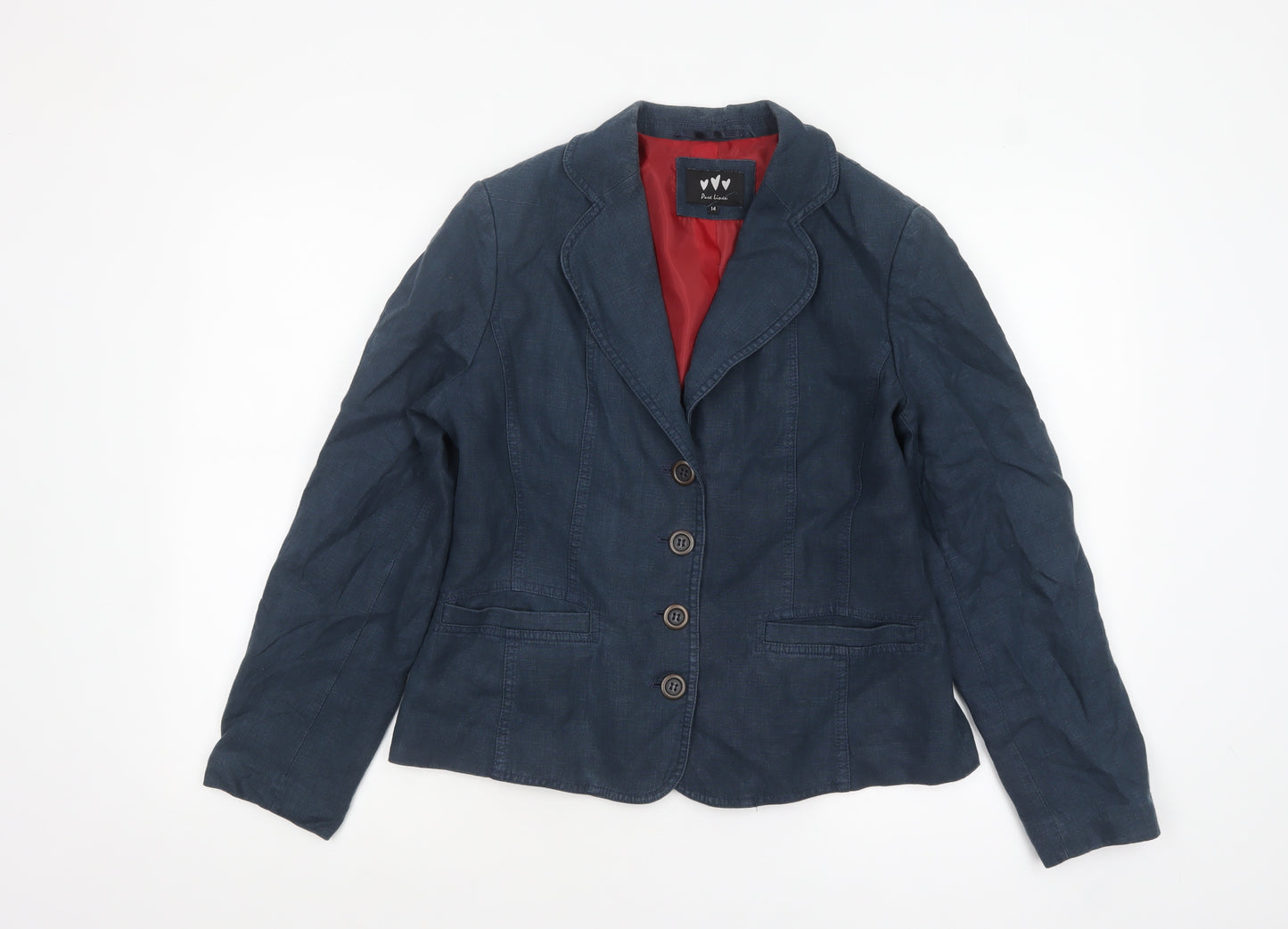 Marks and Spencer Women Blue Pure Linen Blazer Size 14 Single-Breasted