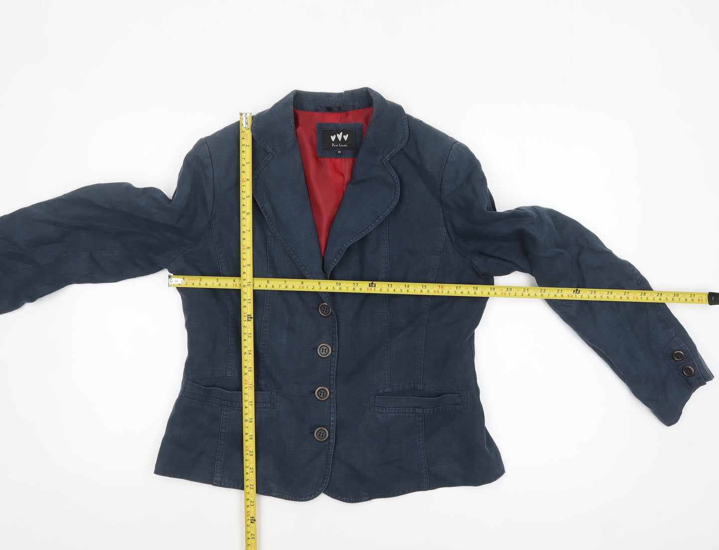 Marks and Spencer Women Blue Pure Linen Blazer Size 14 Single-Breasted