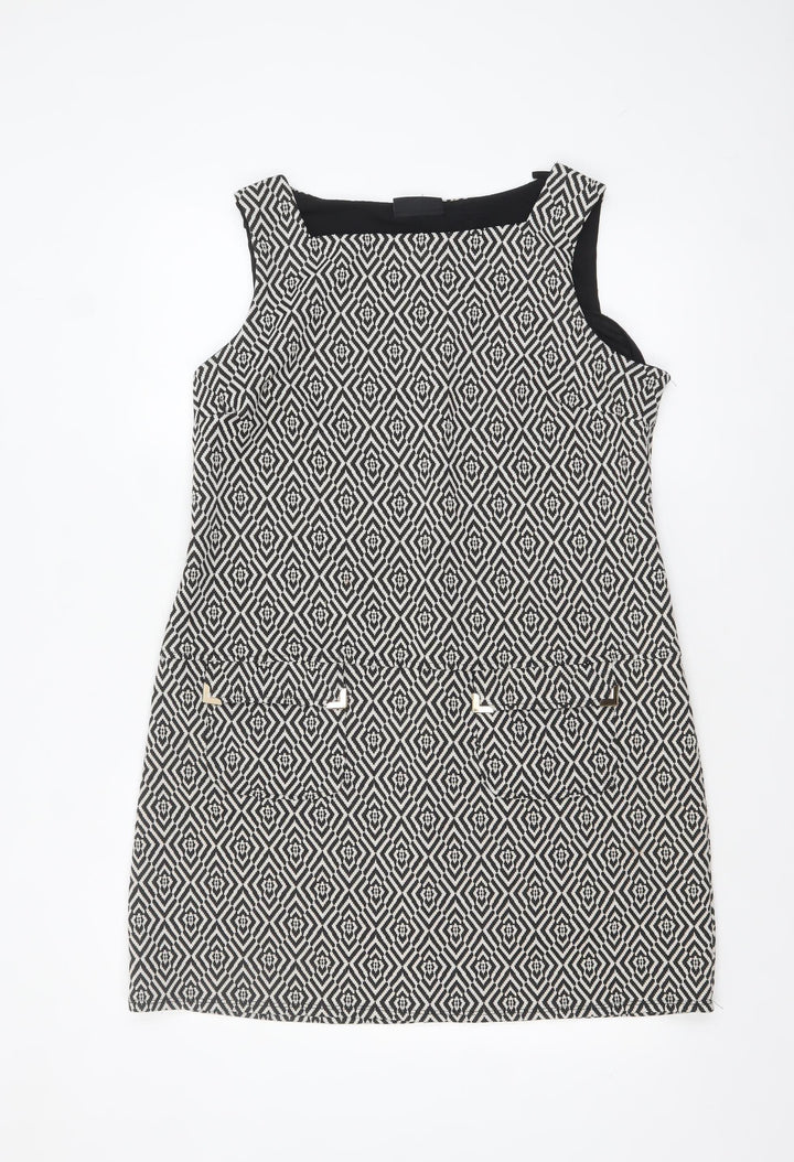 Wallis Women Black Geometric Sleeveless Shift Dress Size 14