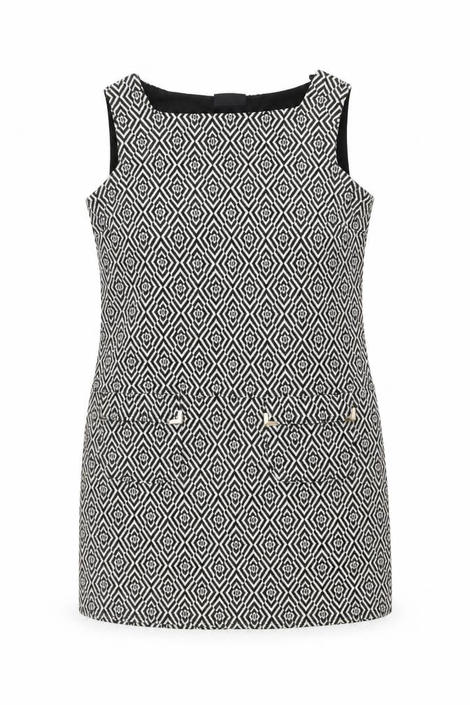 Front view of Wallis Women Black Geometric Sleeveless Shift Dress, size 14
