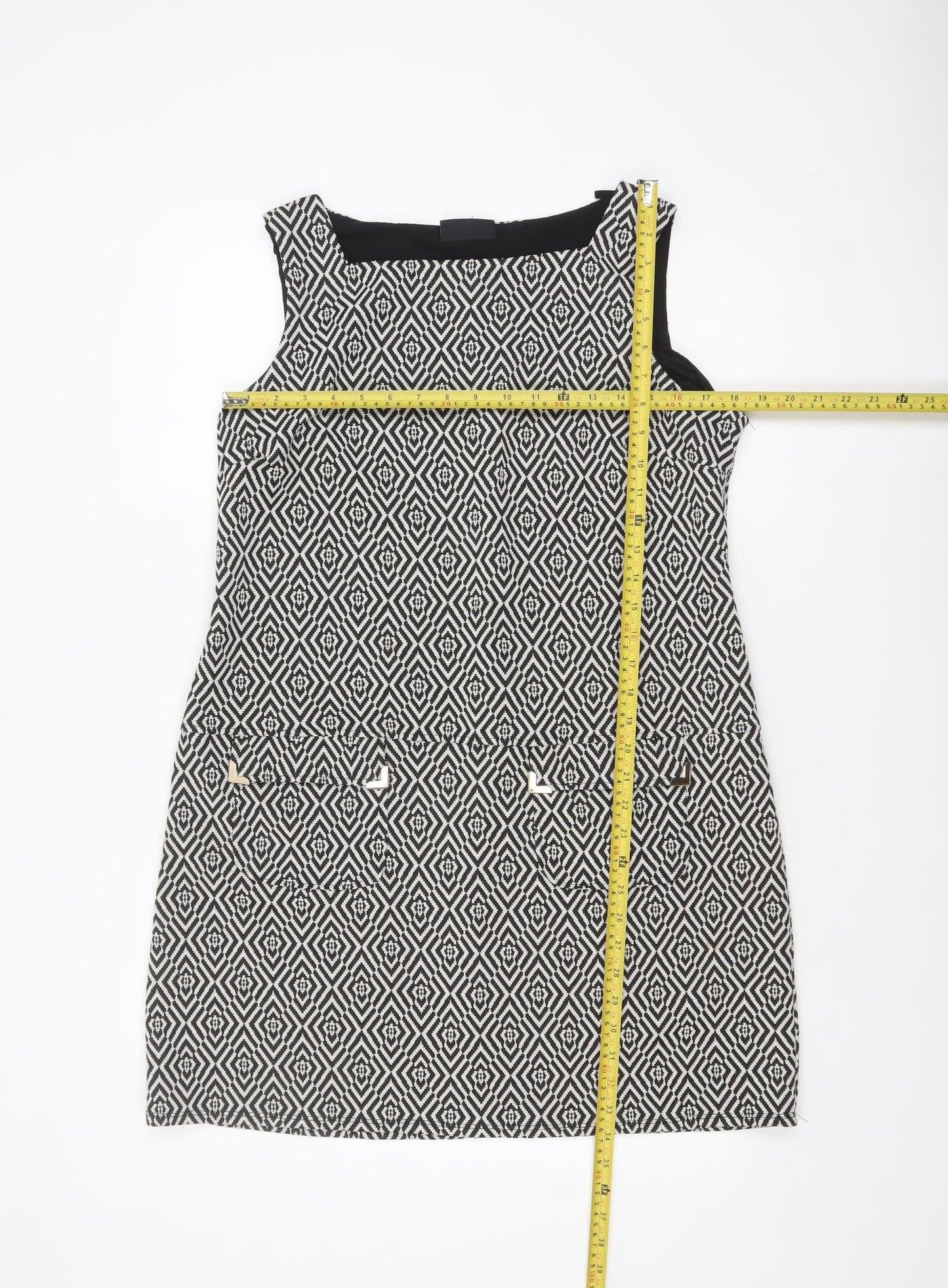 Wallis Women Black Geometric Sleeveless Shift Dress Size 14