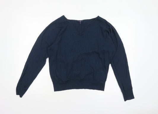 Gap Women's Blue V-Neck Long Sleeve Cotton Wool Pullover Jumper M