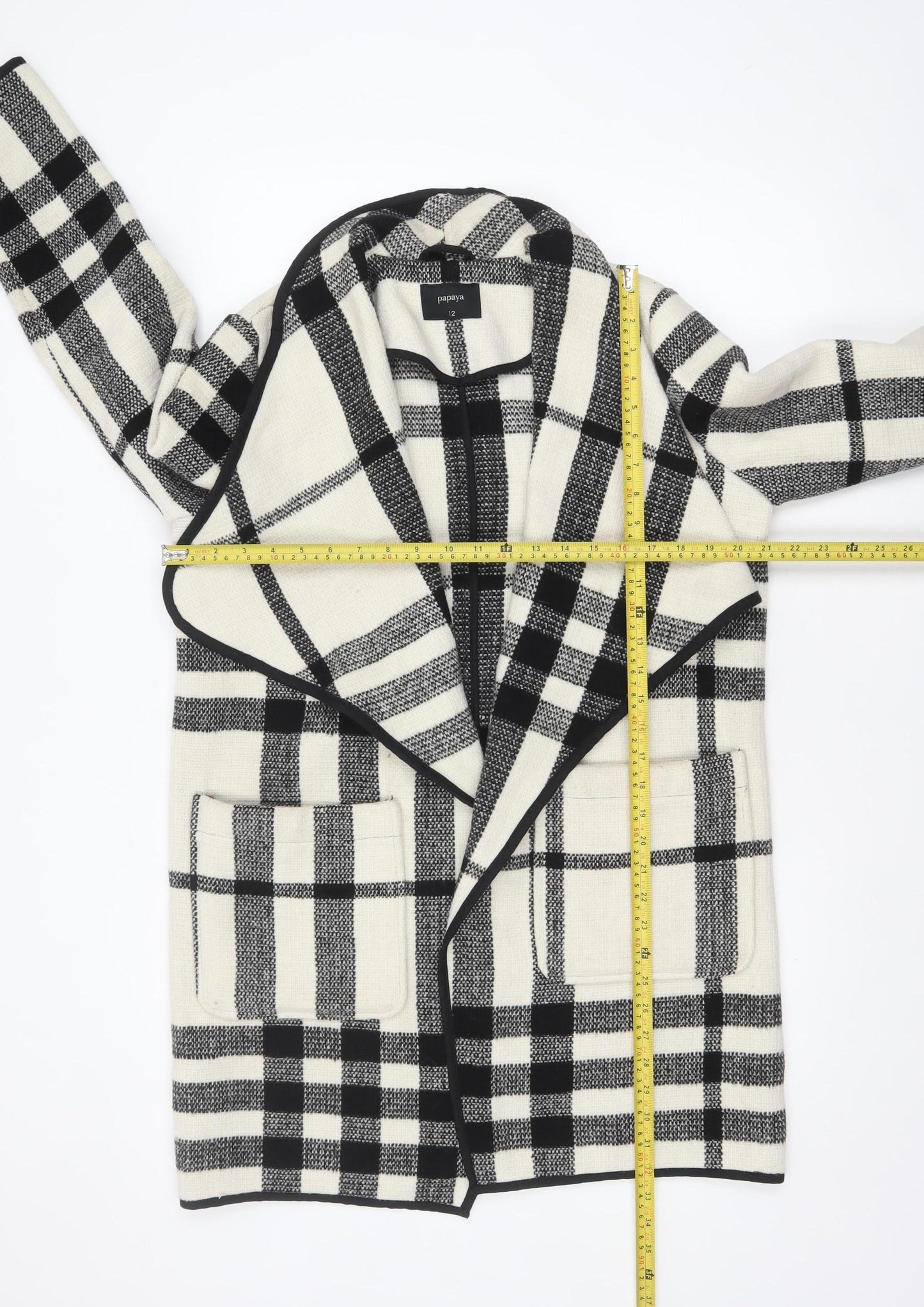 Papaya Women Black Check Knit Coatigan UK 12 Mid-Length Open Front