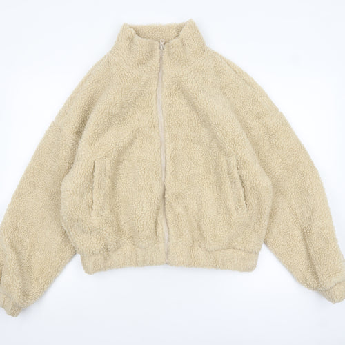 Missguided Women’s Beige Fleece Bomber Jacket UK 10 Cropped Zip Style