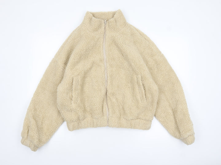 Missguided Women’s Beige Fleece Bomber Jacket UK 10 Cropped Zip Style