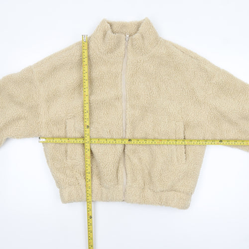 Missguided Women’s Beige Fleece Bomber Jacket UK 10 Cropped Zip Style