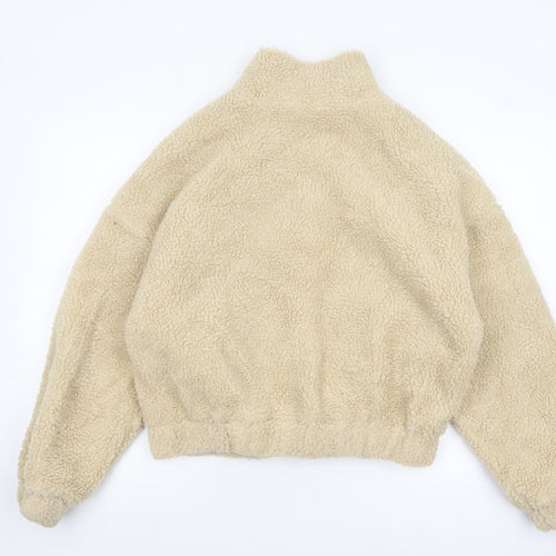 Missguided Women’s Beige Fleece Bomber Jacket UK 10 Cropped Zip Style