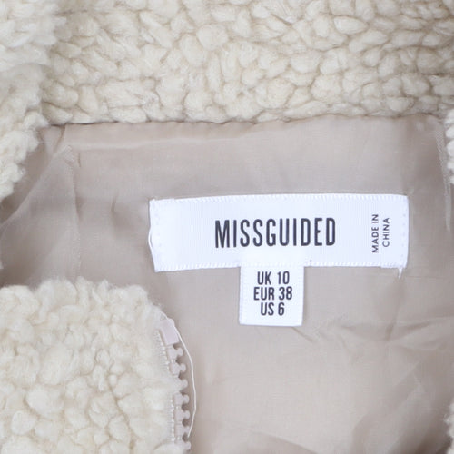 Missguided Women’s Beige Fleece Bomber Jacket UK 10 Cropped Zip Style