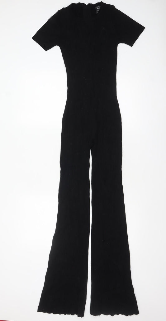 PrettyLittleThing Petite Black Ribbed Short Sleeve Flared Jumpsuit UK10