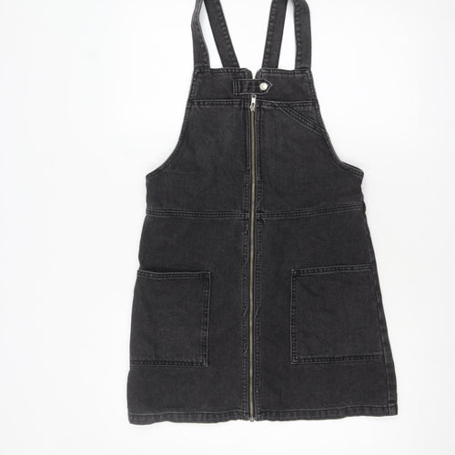 Topshop Women’s Black Denim Pinafore Dress Size 8 Zip Front Casual