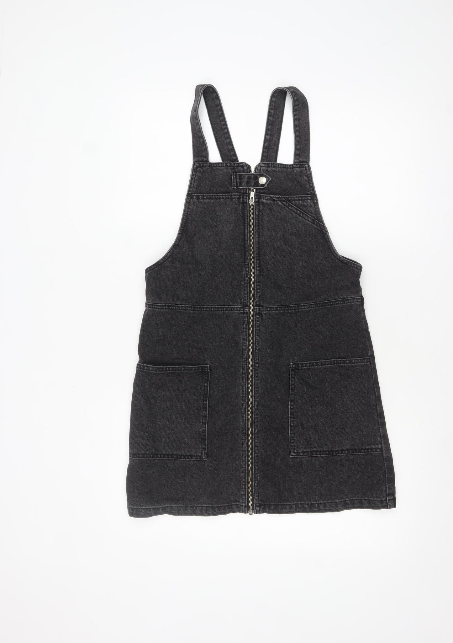 Topshop Women’s Black Denim Pinafore Dress Size 8 Zip Front Casual