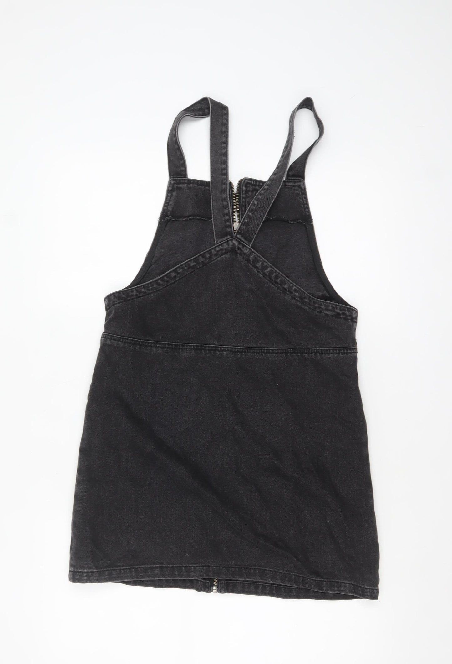 Topshop Women’s Black Denim Pinafore Dress Size 8 Zip Front Casual