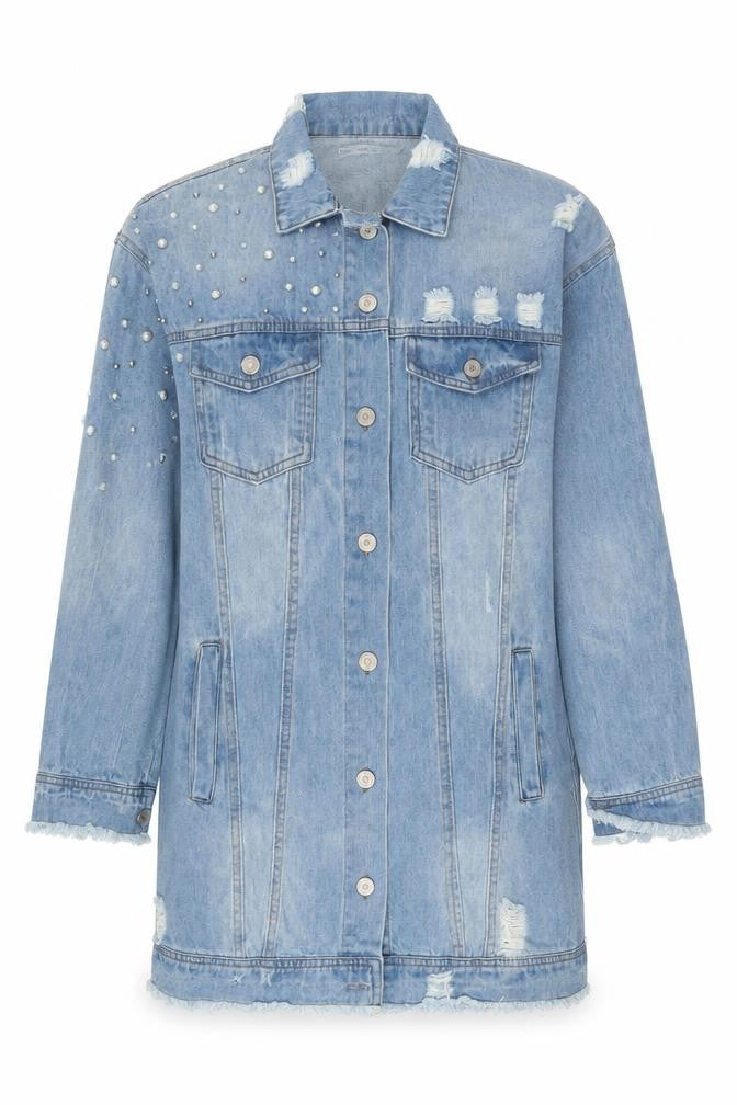 Front view of Off The Rails women’s blue long denim jacket s beaded virgo design
