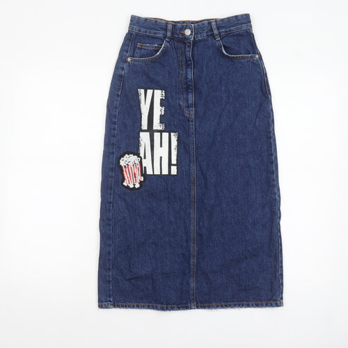 Zara Women Blue Denim Midi Pencil Skirt XS High Waist Casual