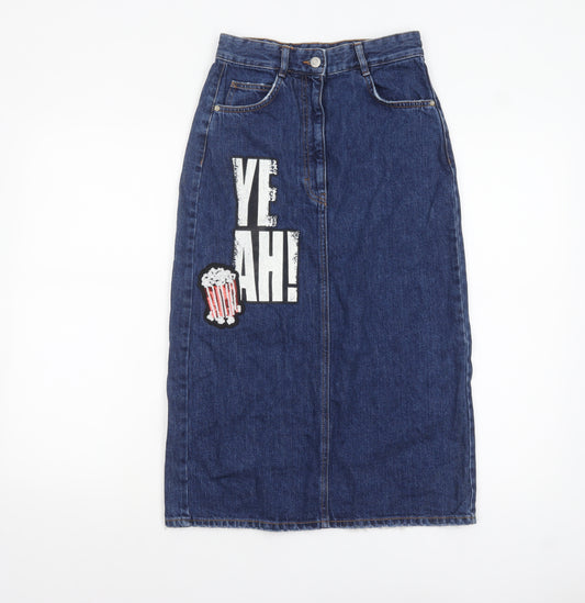 Zara Women Blue Denim Midi Pencil Skirt XS High Waist Casual