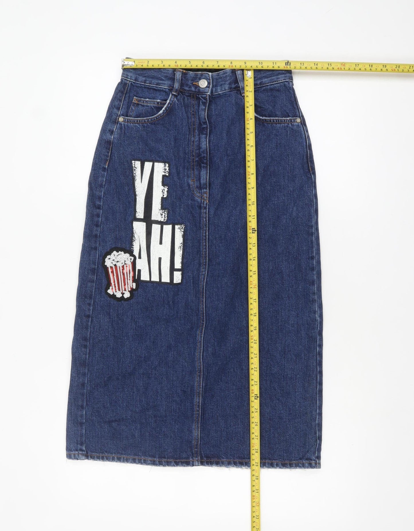 Zara Women Blue Denim Midi Pencil Skirt XS High Waist Casual