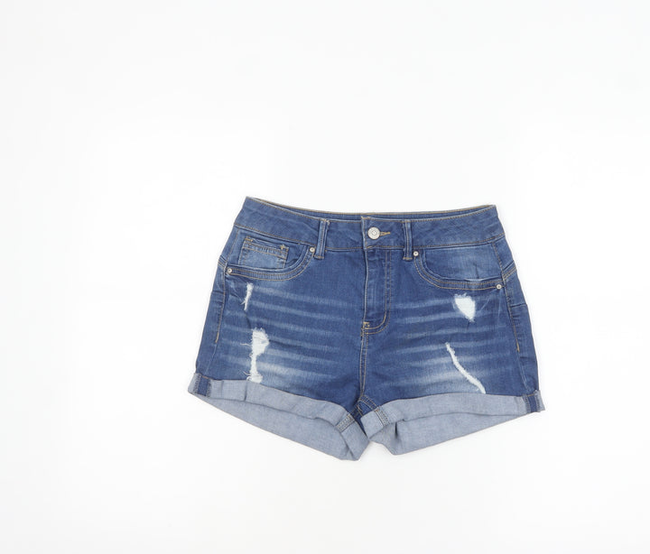 Wax Jean Women Blue Denim Distressed Folded Hem Shorts Size S Cotton Blend
