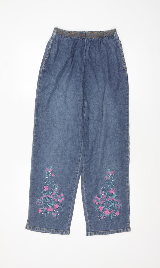 Belle Petite Blue Embroidered Elastic Waist Wide-Leg Jeans Women’s S