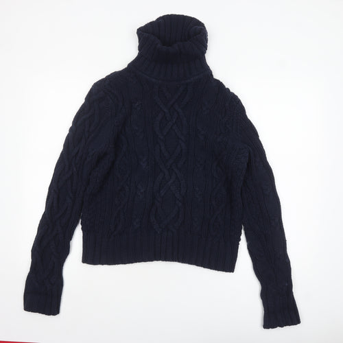 Lands' End Women's Blue Cable-Knit Roll Neck Cotton Jumper L