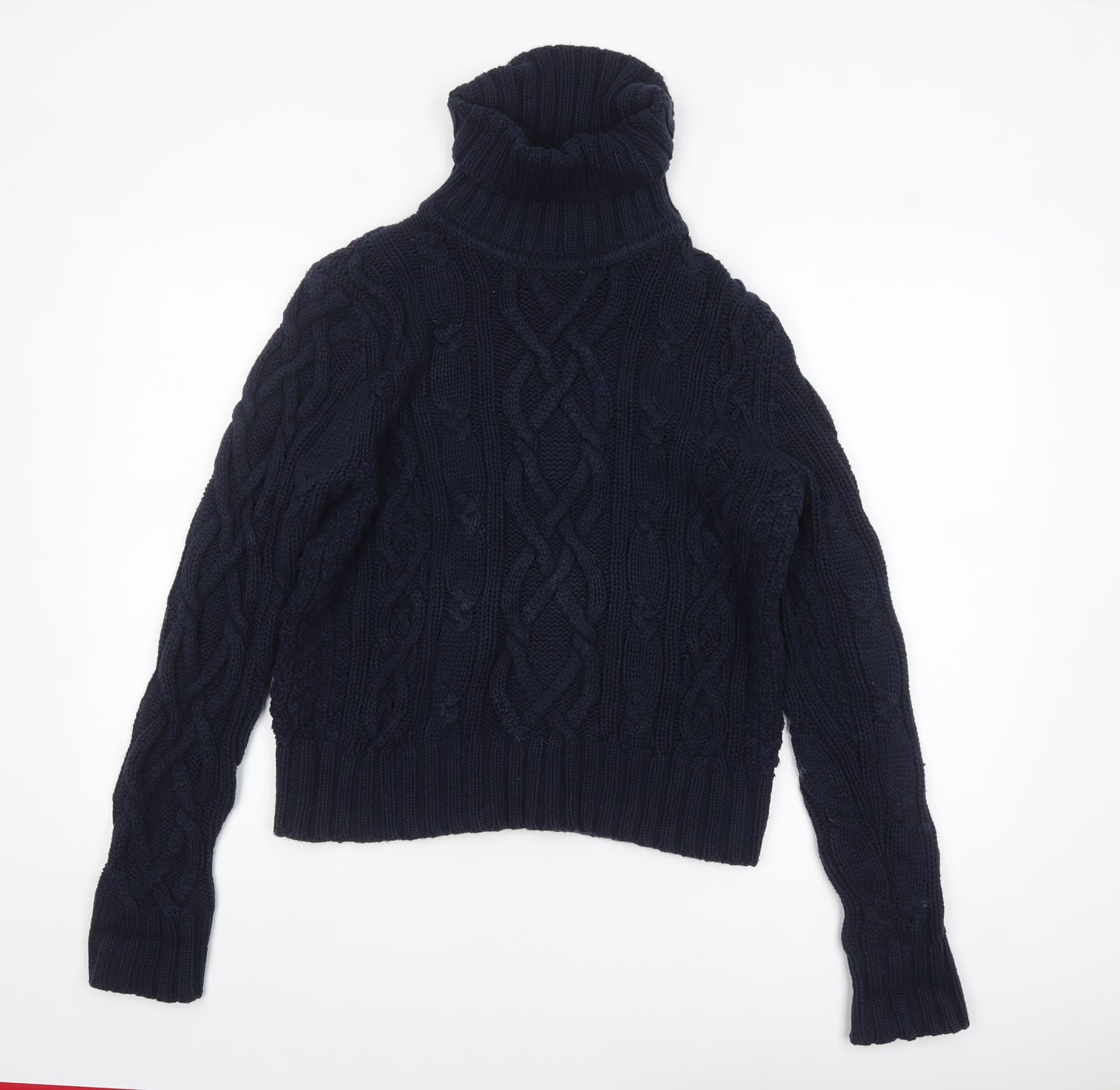 Lands' End Women's Blue Cable-Knit Roll Neck Cotton Jumper L