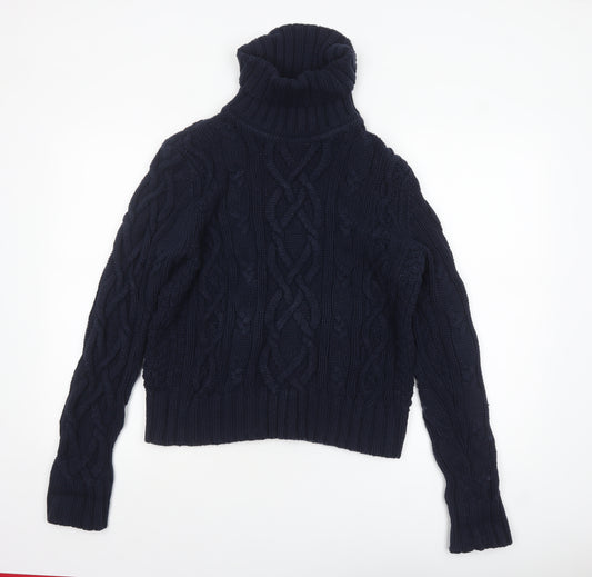 Lands' End Women's Blue Cable-Knit Roll Neck Cotton Jumper L