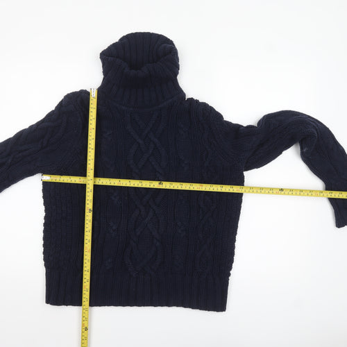 Lands' End Women's Blue Cable-Knit Roll Neck Cotton Jumper L