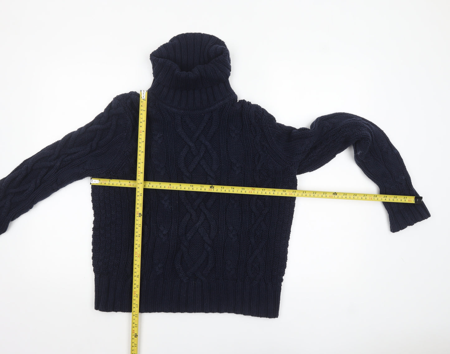 Lands' End Women's Blue Cable-Knit Roll Neck Cotton Jumper L