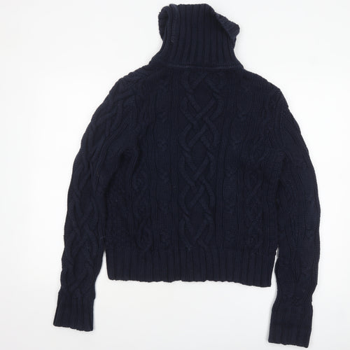 Lands' End Women's Blue Cable-Knit Roll Neck Cotton Jumper L